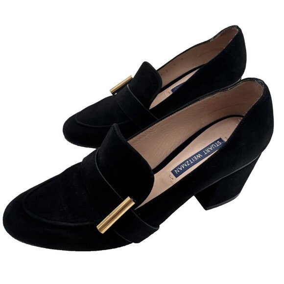 Stuart Weitzman Women The Preston Cylinder Pump Loafer Size 6 M black Suede Heel - Picture 1 of 16